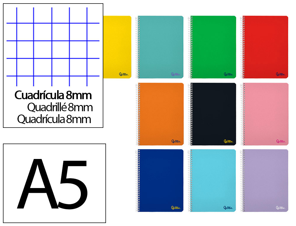 CUADERNO ESPIRAL LIDERPAPEL A5 SMART TAPA BLANDA 80H 75GR CUADRO 8MM CON MARGEN COLORES SURTIDOS