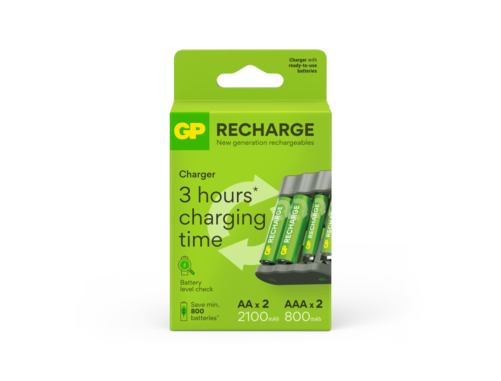 CARGADOR DE PILAS RECARGABLES GP USB AA /AAA + 2X AA 2100 MAH + 2X AAA 800 MAH